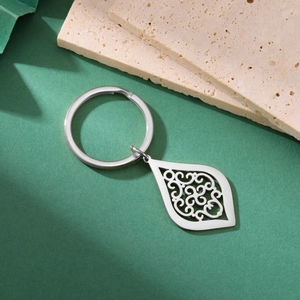 Détail d'un porte-clés argenté en forme de goutte avec motif filigrane et éclat métal