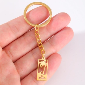 Porte-clés en Acier Inoxydable Cocotier et Vague pour Femmes Hommes Bijoux de Plage d'Été Cadeau Or Argent Pendentif Ajouré