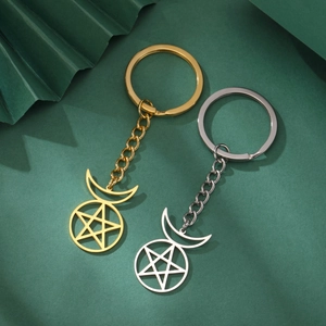 Star and moon stainless steel keychain set in gold and silver finish for men and women