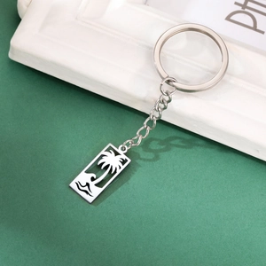 Porte-clés en acier inoxydable avec pendentif ajouré de cocotier et vagues marines