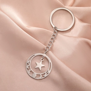 Pentagram moon phase keychain with stainless steel star and celestial lunar charm design