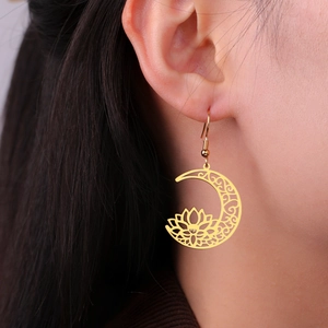Golden lotus moon hollow drop earrings for women made of stainless steel yoga jewelry