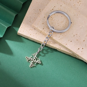 Detailed close-up of a silver stainless steel keychain with Nordic Aegishjalmur pendant