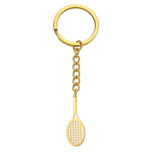 Porte-clés pendentif raquette de tennis doré en acier inoxydable poli avec grille creuse