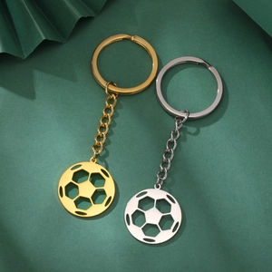 Polished gold and silver stainless steel football pendants on metal keychains