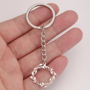 Porte-clés en acier inoxydable poli avec pendentif couronne de laurier et chaîne