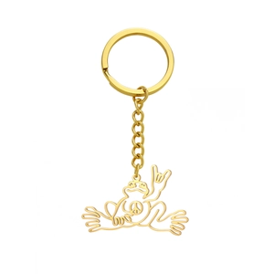 Minimalist golden stainless steel frog keychain with hollow peace sign and chain