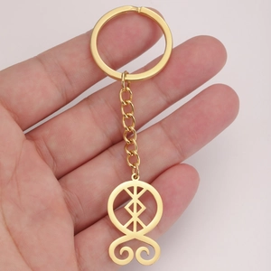 Golden stainless steel keychain featuring a geometric troll cross pendant and link chain