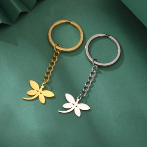 Polished stainless steel dragonfly pendant keychain set in gold and silver finish