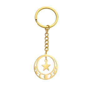 Golden pentagram star and crescent moon goddess stainless steel car keychain accessory