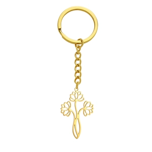 Porte-clés doré en acier inoxydable avec pendentif ajouré de trois fleurs de lotus