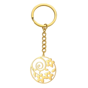 Golden stainless steel keychain with cutout floral pendant and polished curb chain