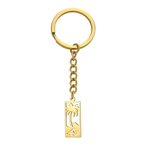 Porte-clés en acier inoxydable doré avec motif ajouré de vagues et de cocotiers de plage