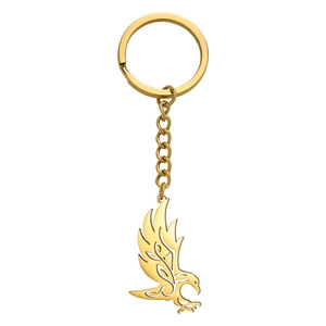 Polished gold stainless steel keychain featuring a hollow-out flying bird eagle pendant
