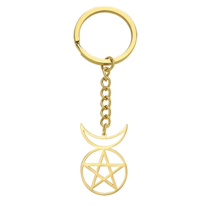 Polished gold stainless steel keychain with pentagram star and crescent moon pendant