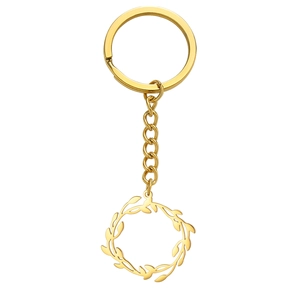 Porte-clés en acier inoxydable doré poli avec un pendentif en forme de couronne de feuilles