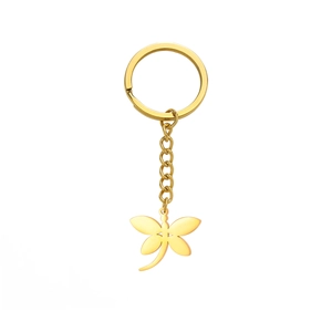 Polished gold stainless steel dragonfly pendant keychain with minimalist chain links