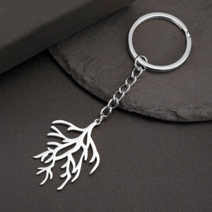 Detailed close-up of a silver stainless steel keychain with a coral-shaped branch pendant