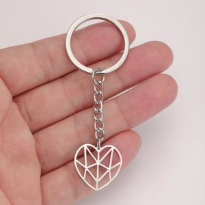 Polished stainless steel keychain with hollow heart pendant and secure key ring