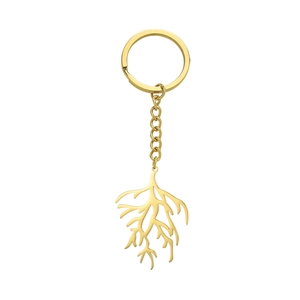 Gold stainless steel keychain with unique coral-shaped geometric pendant on white background