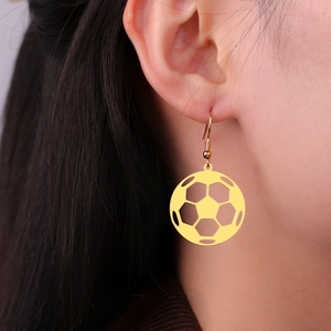 Women's gold hollow soccer ball drop earrings in stainless steel sports style