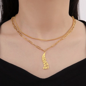 Double layered gold stainless steel necklace with musical note pendant and paperclip chain