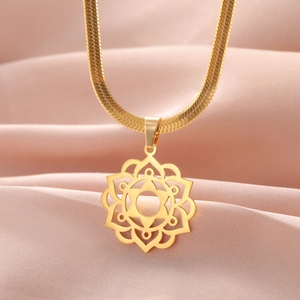 Elegant gold-plated geometric lotus pendant necklace on a silky herringbone chain