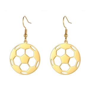 Golden stainless steel soccer ball drop earrings with hollow pattern for female sport fans