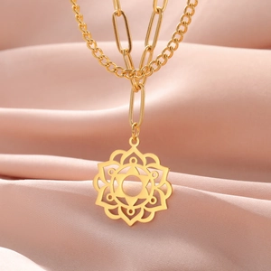 Detail showing gold hollow mandala flower pendant and double layer stainless steel chain