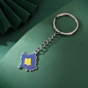 Kosovo map keychain with blue and yellow enamel pendant on polished steel ring