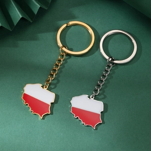Porte-clés carte de Pologne en or et argent avec design de drapeau en émail rouge et blanc