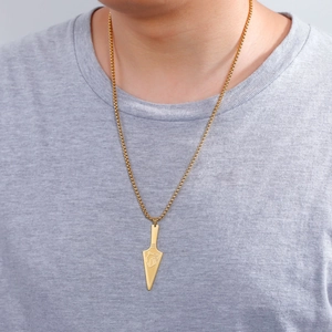 Golden punk wolf head arrowhead pendant necklace for men with stainless steel box chain