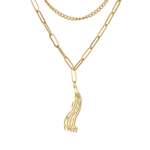 Double-layered gold musical note necklace with paperclip chain and music pendant