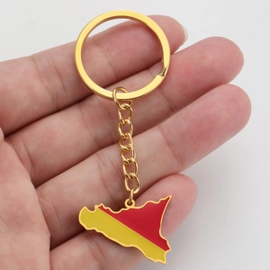 Golden Sicily map keychain with red and yellow enamel coating for keys and bags