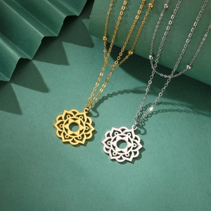 Detail view of gold and silver mandala lotus pendants with beaded stainless steel chains