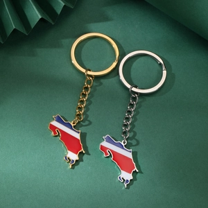 Détails de porte-clés carte Costa Rica or et argent avec drapeaux en émail coloré