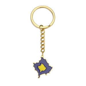 Gold stainless steel keychain featuring a blue and yellow Kosovo map enamel pendant