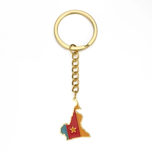 Golden stainless steel Cameroon map keychain with green red yellow enamel flag