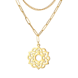 Minimalist double-layered gold necklace with geometric lotus pendant and paperclip chain