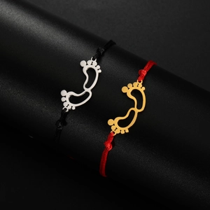 Stainless Steel Baby Footprints Charm Braided Rope Bracelet For Women Girls Adjustable Red Black Cord Hand Jewelry Birthday Gift