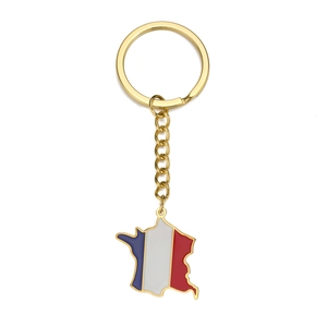 Porte-clés doré en acier inoxydable avec pendentif carte de France aux couleurs du drapeau
