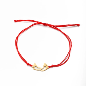 Red braided rope bracelet with golden stainless steel baby footprint charms for women