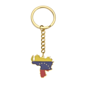 Porte-clés carte du Venezuela en acier inoxydable doré avec design drapeau coloré