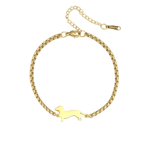Minimalist gold stainless steel box chain bracelet featuring a cute dachshund puppy pendant