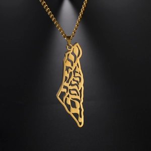 Detail of gold Israel map pendant with Hebrew engraving on a classic twist chain