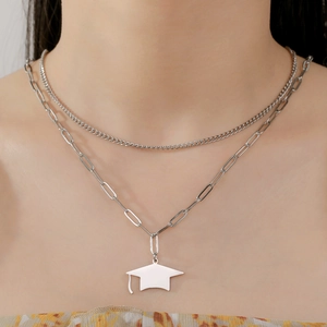 Polished stainless steel double layer necklace with graduation cap pendant