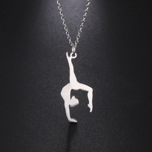 Polished stainless steel gymnastic pendant necklace with dancer silhouette on black background