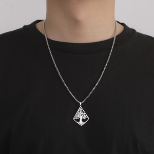 Mens punk hollow tree of life pendant with box chain in silver stainless steel finish