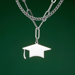 Detail of silver double-layer graduation cap necklace with paperclip chain