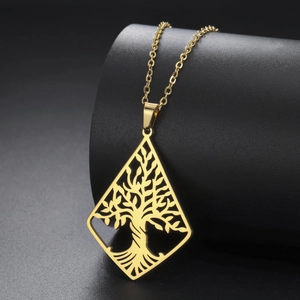 Stainless Steel Tree Of Life Pendant Necklace Rhombus Hollow Geometric Jewelry For Men Women Trendy Punk Style Daily Wear
